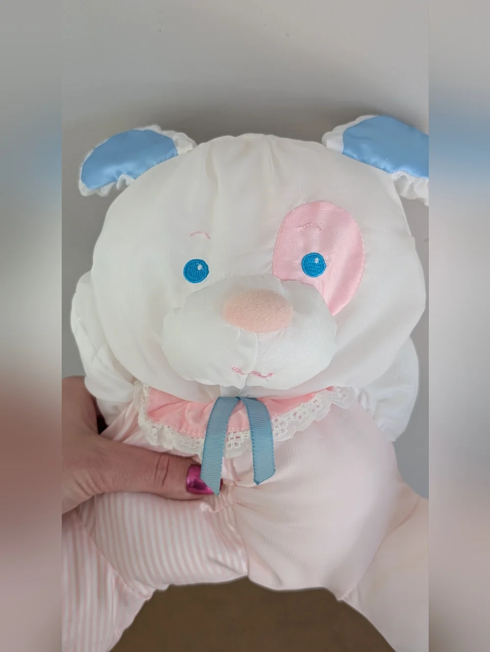 Vintage 1983 Puffalump Puppy Fisher-Price White, Pink, & Blue Nylon Toy Rattle - Picture 8 of 16